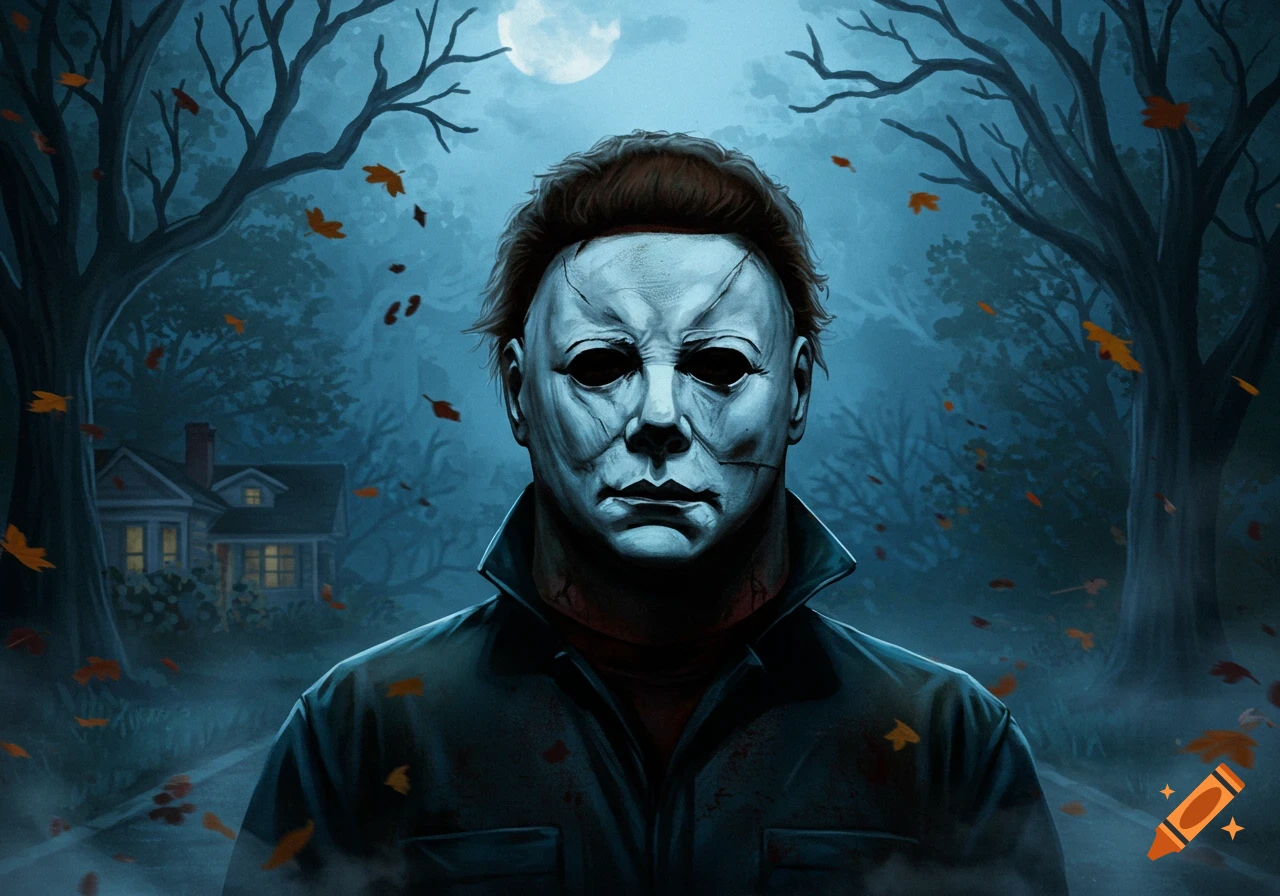 An illustrated portrait of Michael Myers in his mask and dark jumpsuit, standing on a road in a spooky, moonlit autumn forest.