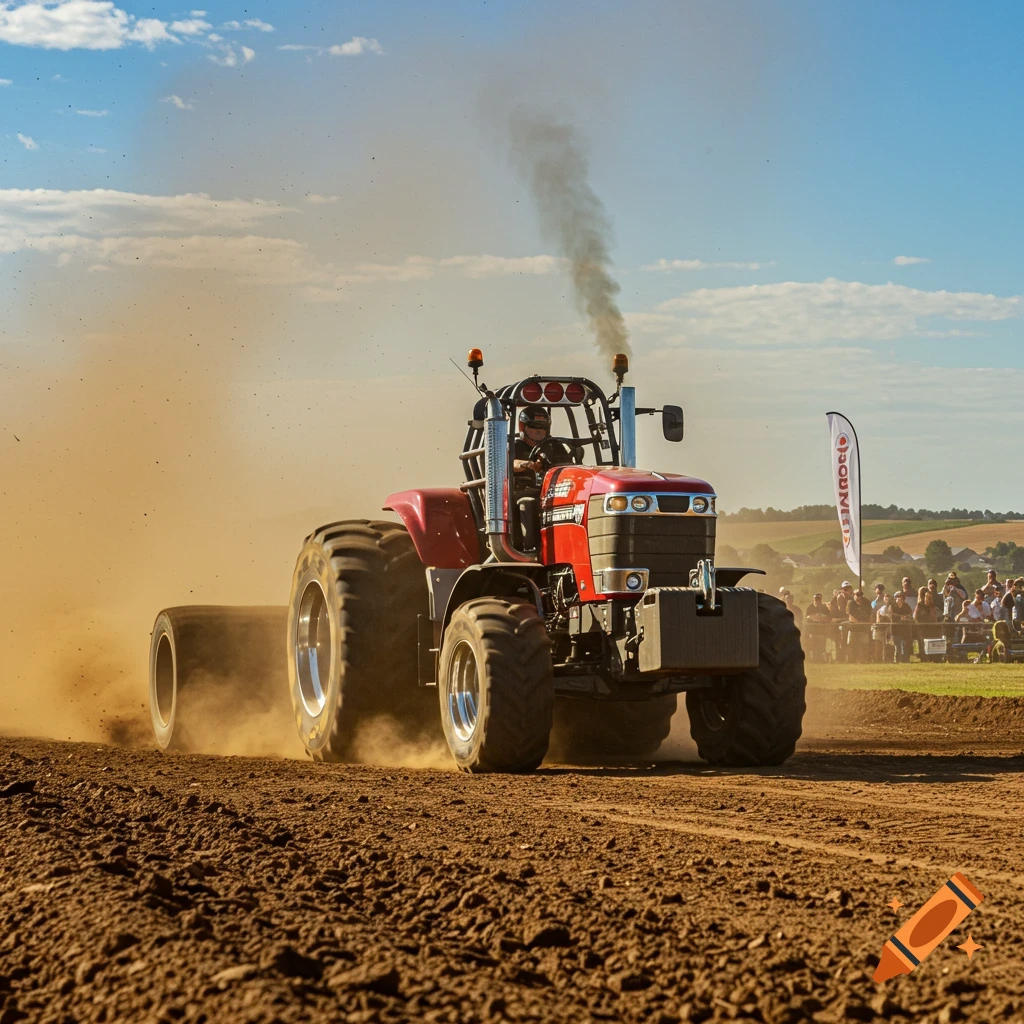 A powerful red tractor spews black smoke and kicks up dust while pulling a heavy load in a tractor pulling competition.