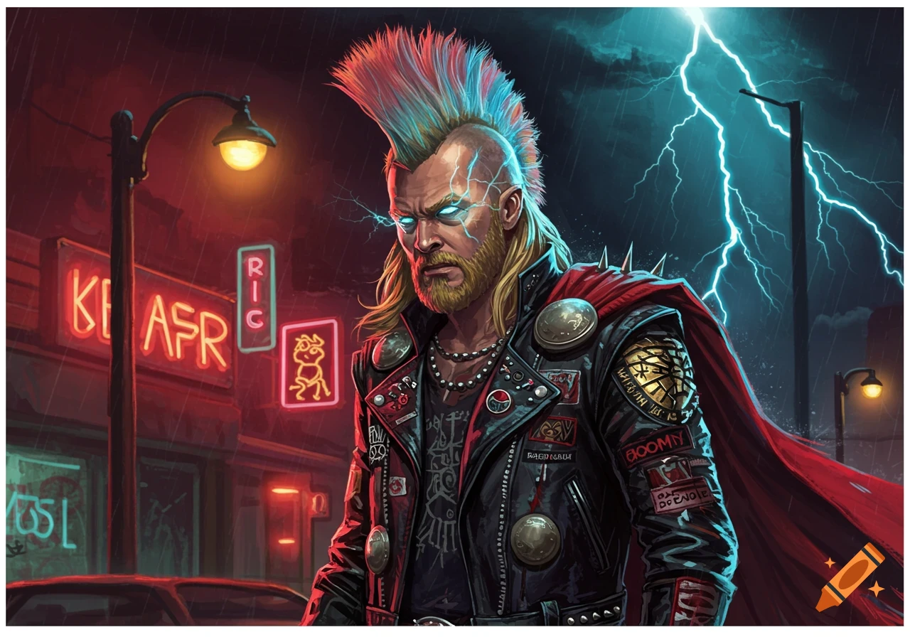 A punk rock Thor with a blue and red mohawk and glowing eyes stands in a rainy neon-lit city street with lightning in the sky.
