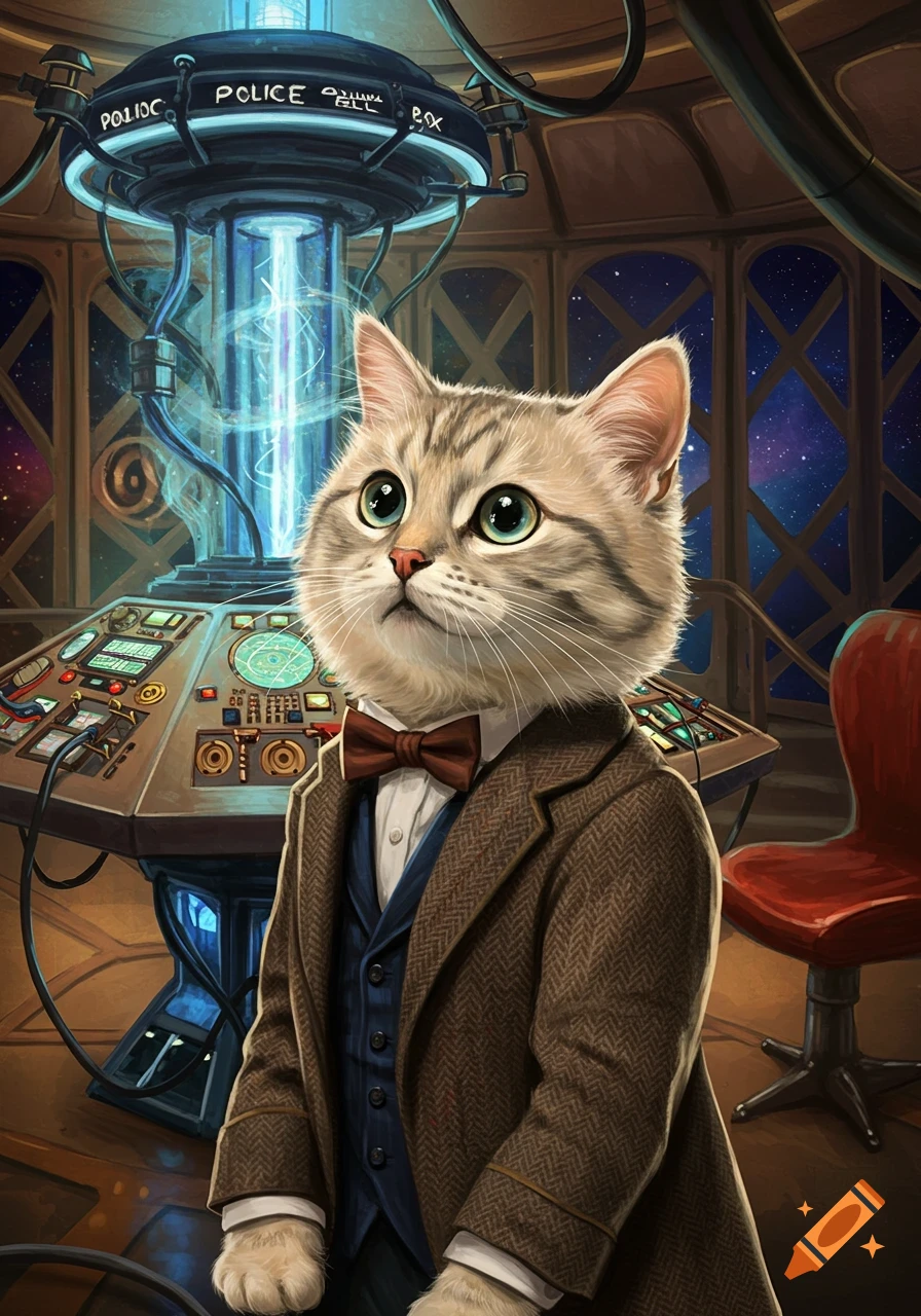 A fluffy tabby cat, dressed in a tweed jacket and bow tie, stands in the TARDIS console room, looking up with wide green eyes. Illustrative style.