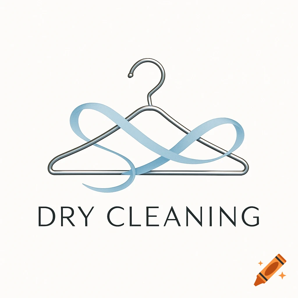 Minimalist logo for dry cleaning with a silver wire hanger and a flowing blue ribbon, text reads 'DRY CLEANING'.