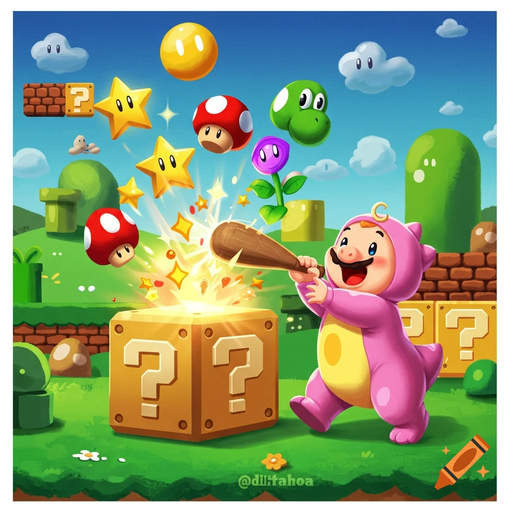 Baby Sinclair from Dinosaurs hits a Super Mario Bros question block with a club, releasing items in a vibrant cartoon landscape.