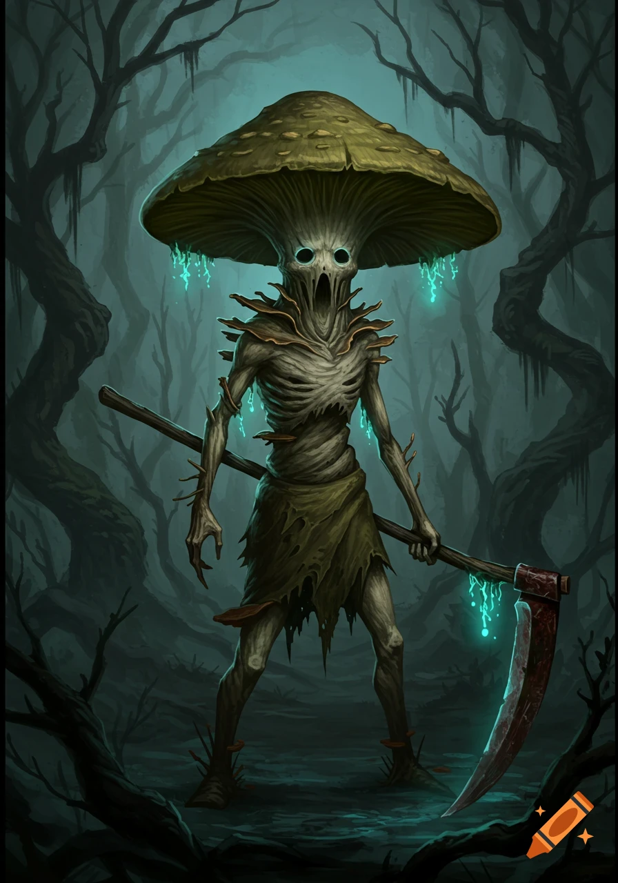 A skeletal mushroom creature with glowing eyes and a large mushroom cap stands in a dark, desolate swamp, holding a scythe with bioluminescent algae.