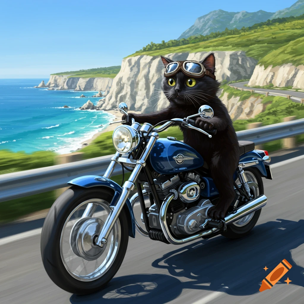 A black cat wearing goggles rides a blue motorcycle along a winding coastal highway with cliffs and ocean in the background, in a stylized art style.