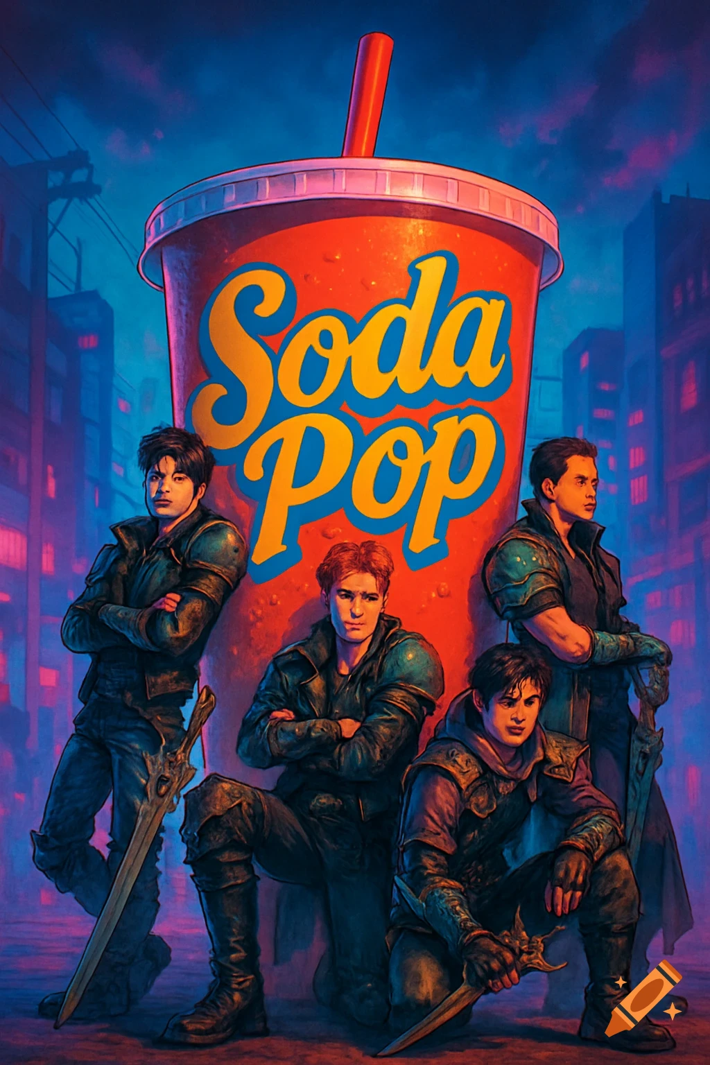 Four young men with swords and armor-like clothing lean on a giant 'Soda Pop' cup in a neon-lit urban fantasy illustration.