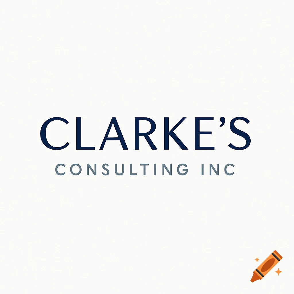 A clean, modern logo for Clarke's Consulting Inc, featuring the company name in dark blue and grey text on a white background.