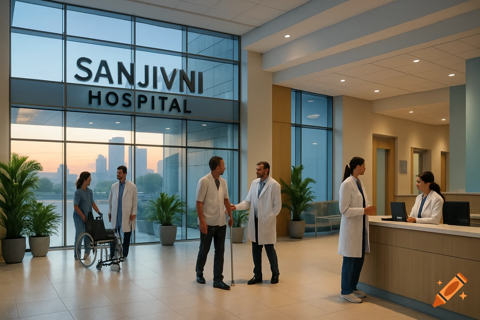 Photorealistic image of a modern hospital lobby with 'Sanjivni Hospital' on the window, showing doctors, staff, and patients.