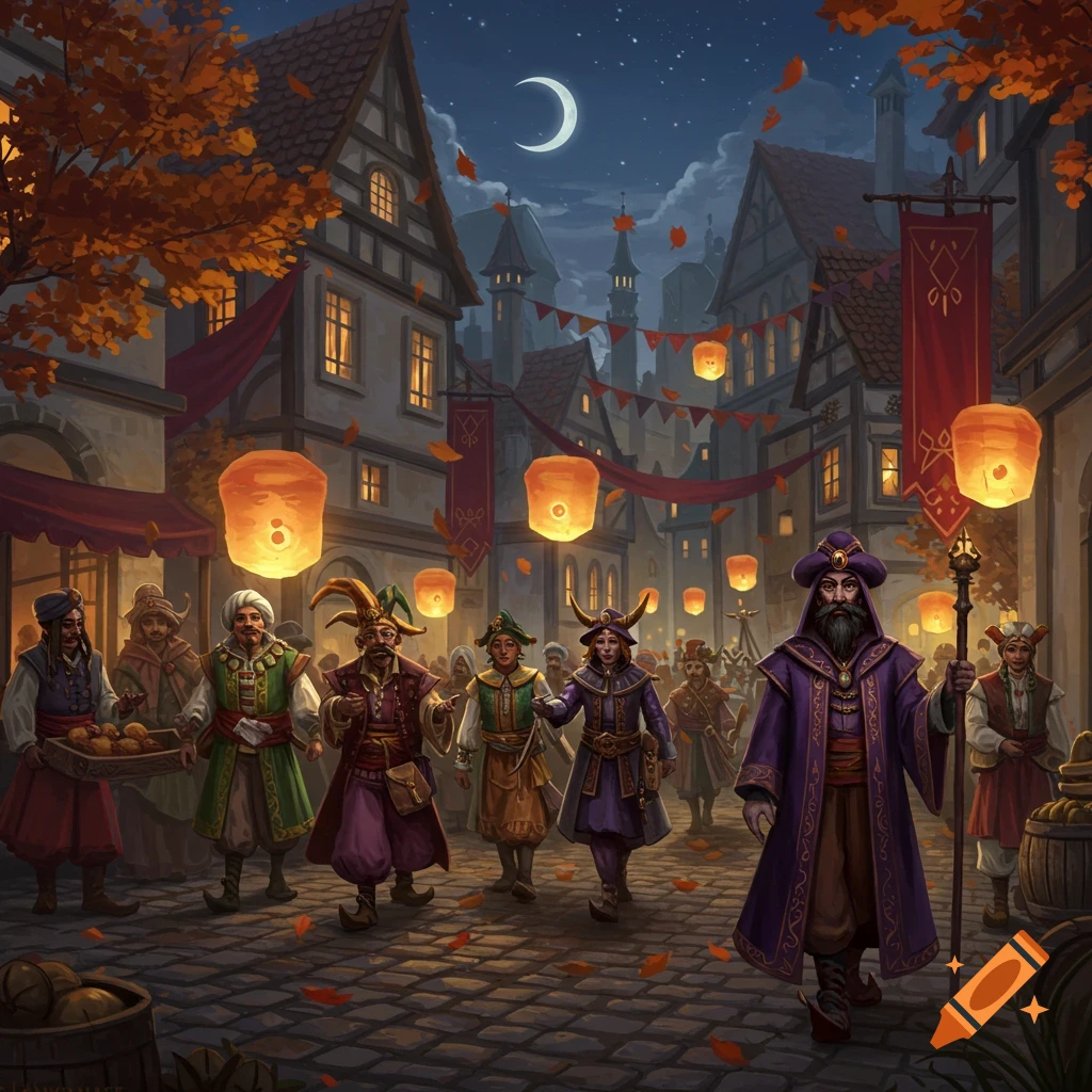 A bustling medieval town at night, illuminated by the crescent moon and many glowing orange lanterns. People in festive, elaborate costumes walk through the cobblestone streets decorated with banners and autumn leaves, creating a vibrant, magical atmosphere.