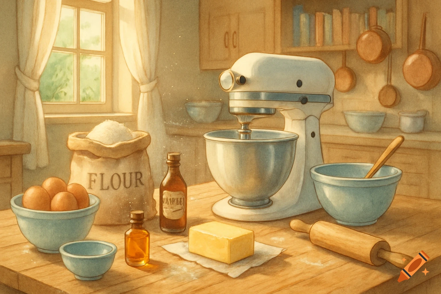 Watercolor painting of baking ingredients like flour, eggs, mixer, butter, and rolling pin on a sunlit kitchen counter.