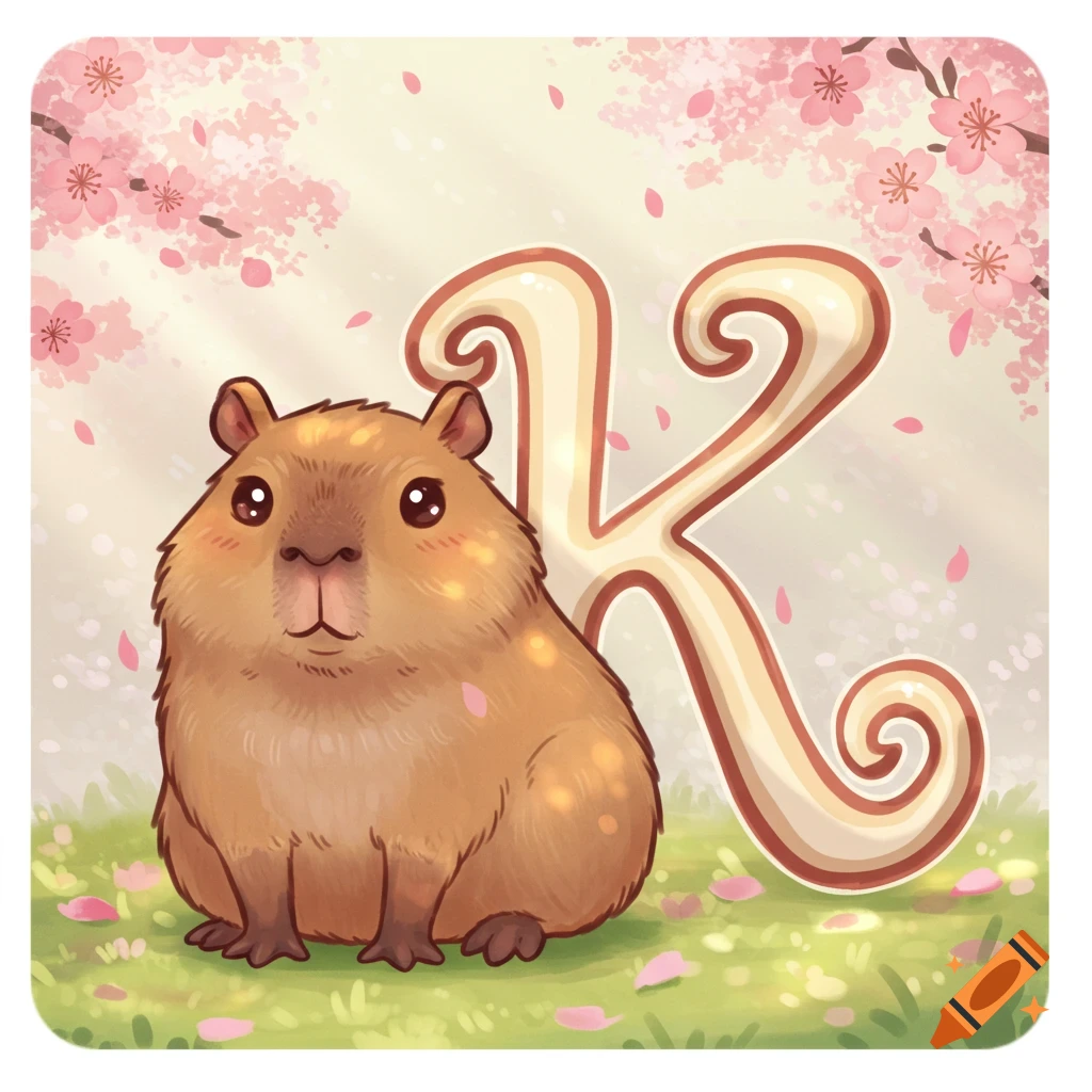 A cute, fluffy cartoon capybara sitting on grass next to a large, stylized letter K, with pink cherry blossoms and petals in the background.