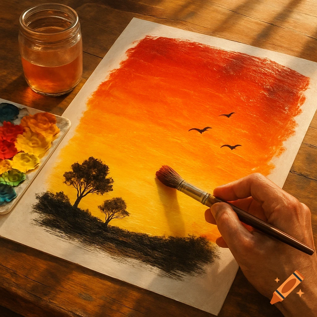 A hand paints a vibrant red, orange, and yellow sunset scene with black tree and bird silhouettes on paper, alongside a paint palette and water jar.