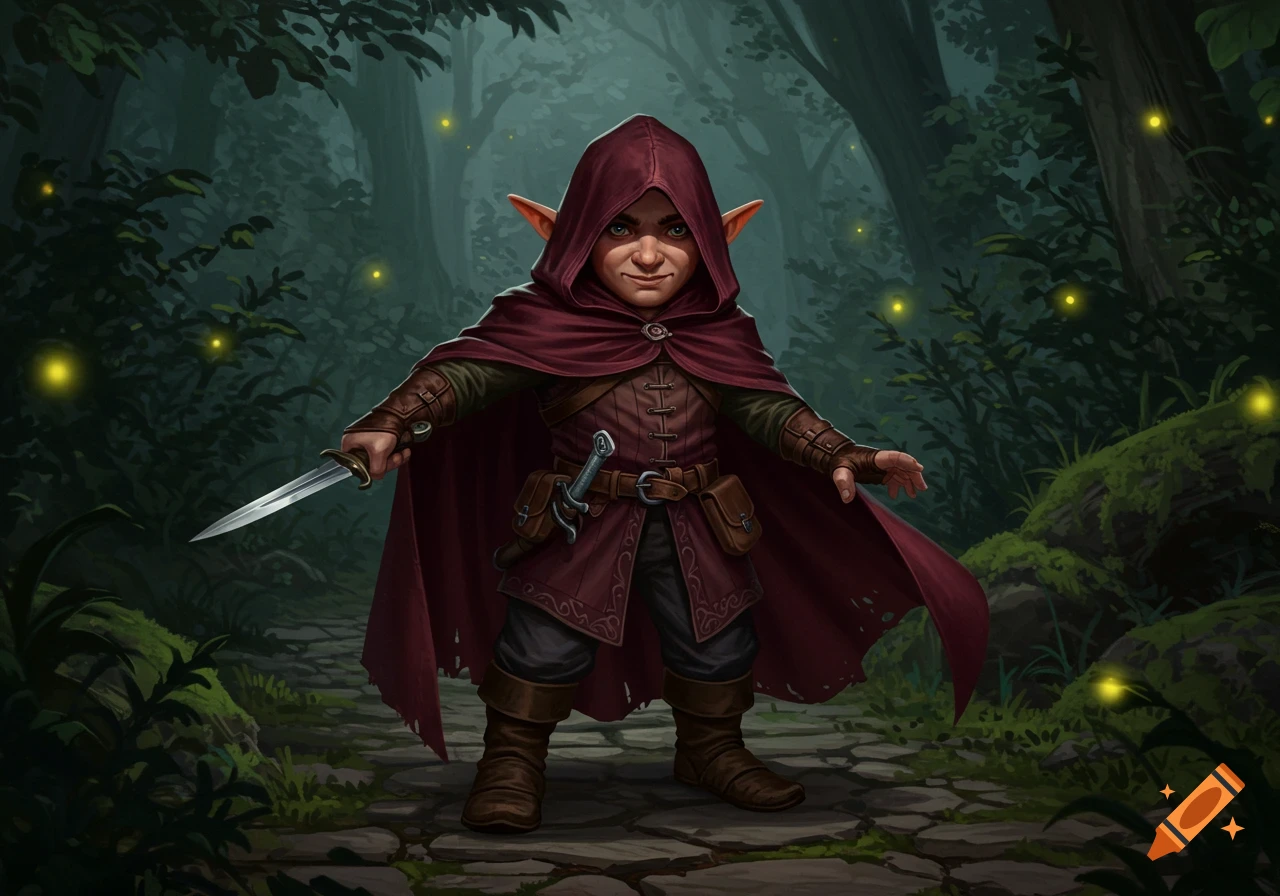 A gnome rogue in a red hooded cloak, holding a dagger, stands on a forest path with glowing fireflies.