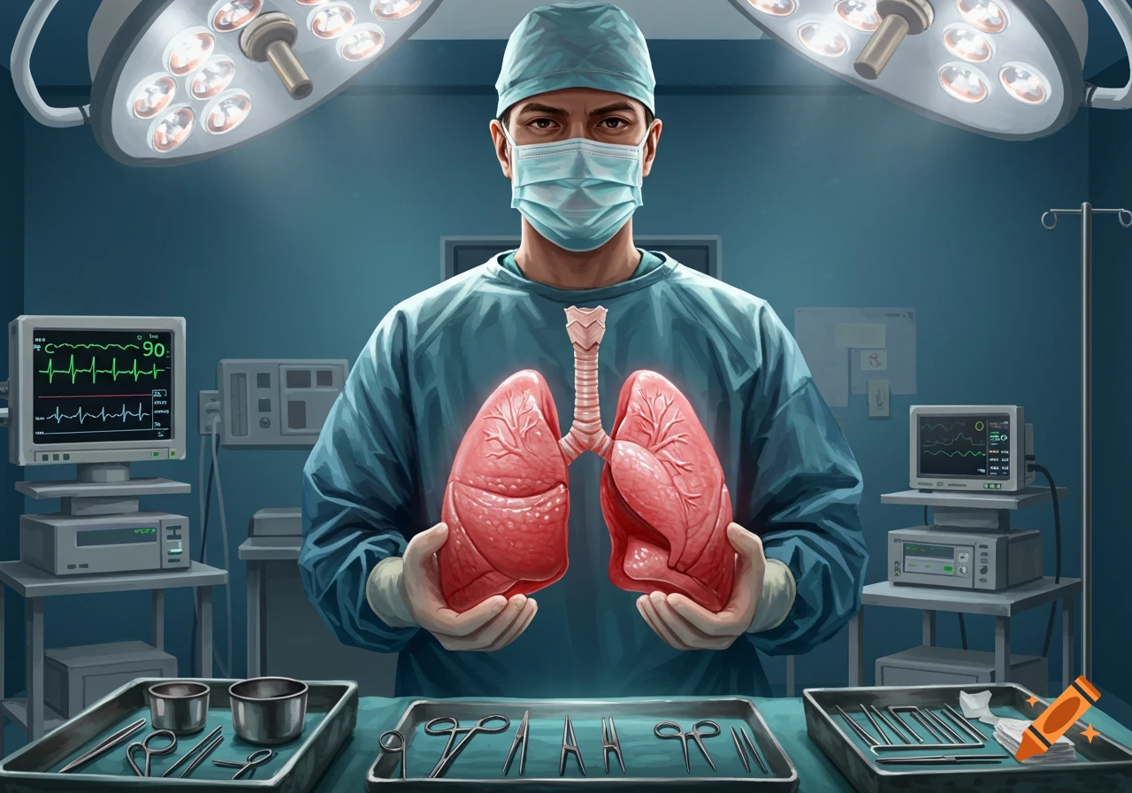 Illustration of a surgeon in an operating room holding a pair of lungs, with medical equipment on tables.