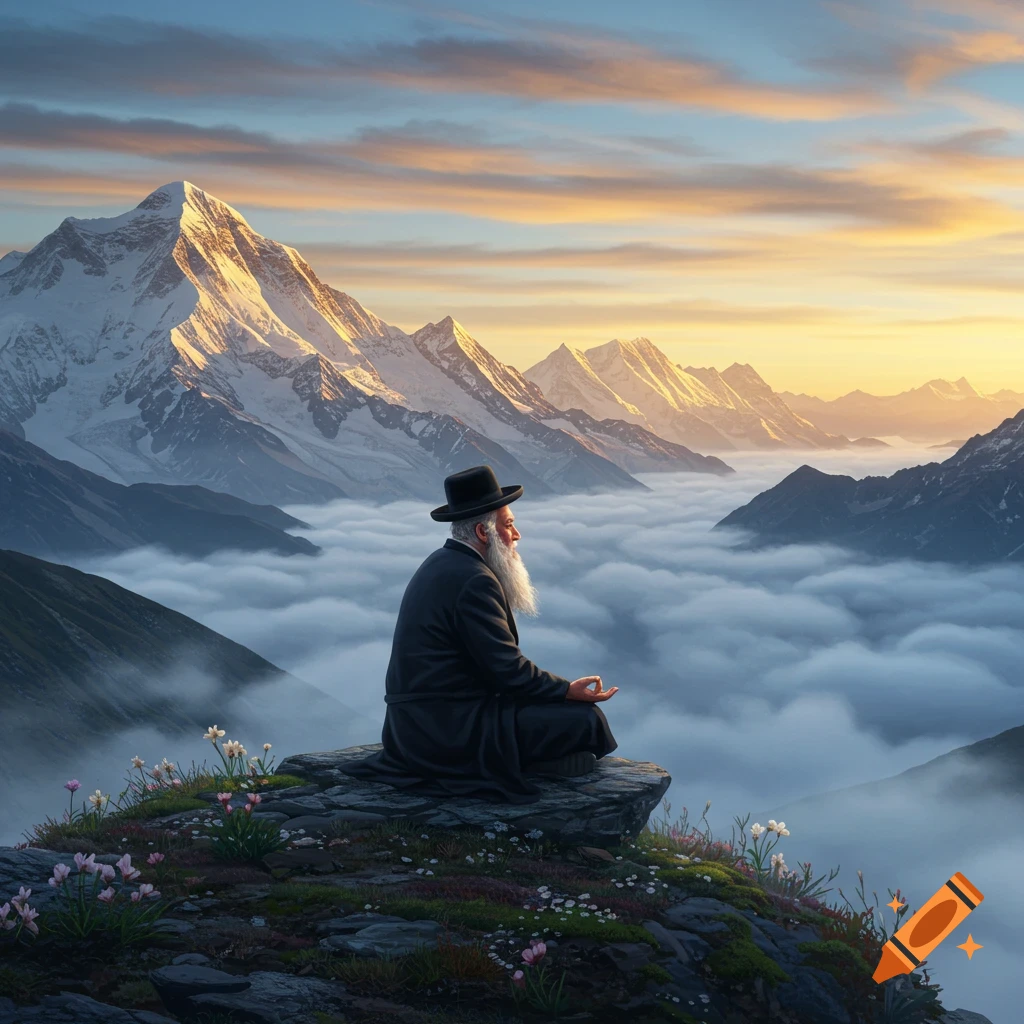 A Jewish Rabbi with a long white beard and black hat meditates on a rock in a majestic mountain landscape above clouds at sunrise.