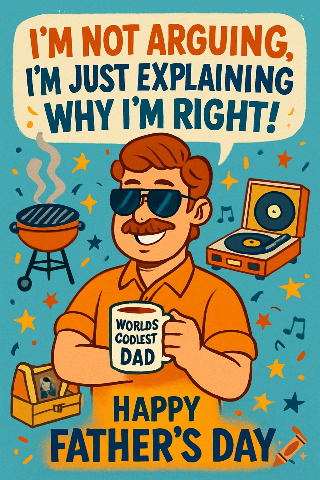 A retro-style cartoon Father's Day card featuring a dad in sunglasses, holding a mug, with a BBQ and record player, stars and music notes around him.