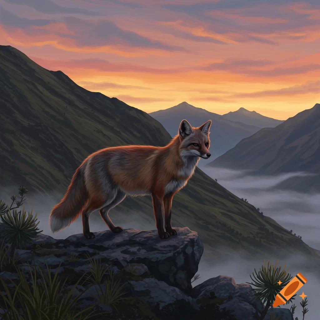 A red fox stands on a rocky cliff overlooking a misty mountain valley at sunset, with an orange and pink sky.
