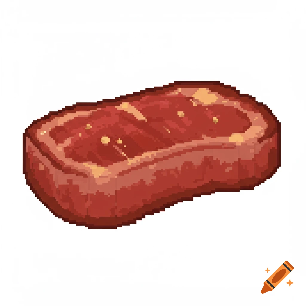 Pixel art illustration of a seasoned steak with no background.