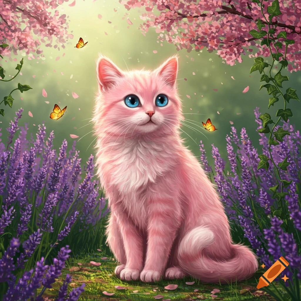 A fluffy pink cat with bright blue eyes sits among purple lavender flowers and pink cherry blossoms, with butterflies in a whimsical illustration.