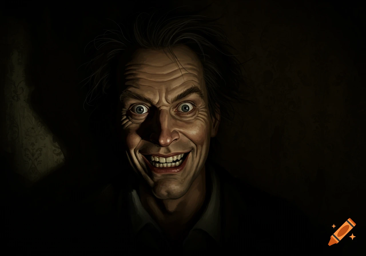 Semi-realistic painting of a man with wide, staring eyes and a wide, maniacal grin, illuminated from below in darkness.