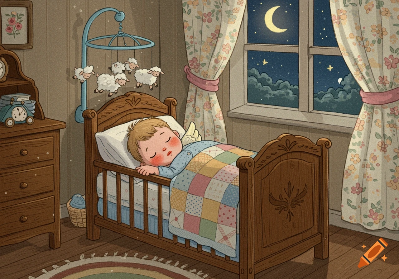 Cartoon of a baby boy with small wings sleeping in a cozy wooden crib with a sheep mobile, under a moonlit window.