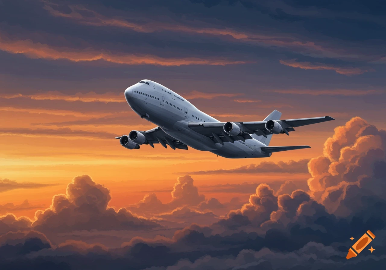 A large white Boeing 747 jumbo jet flying through a vibrant orange and purple sunset sky with clouds.