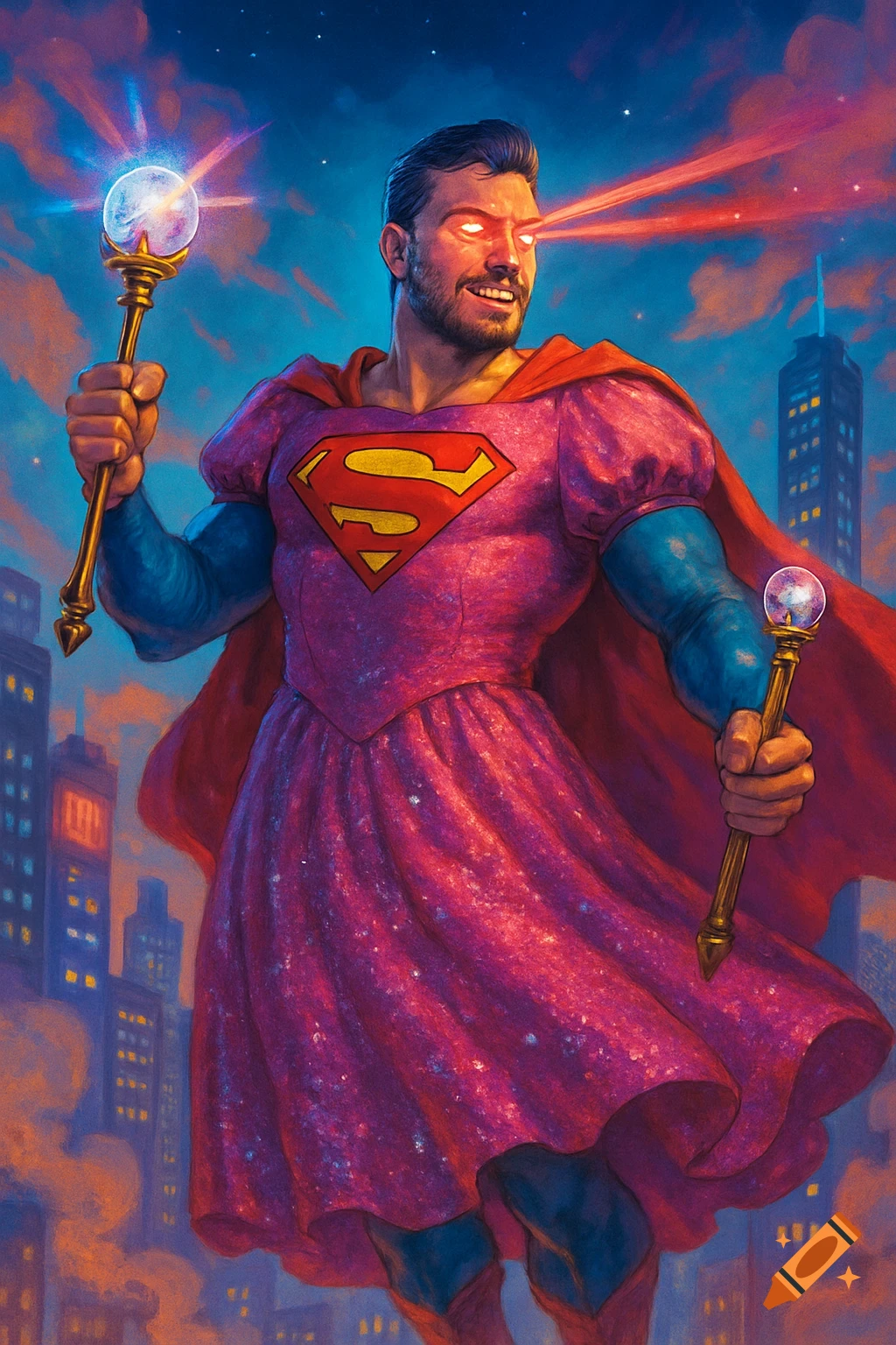 A superhero man resembling Superman in a pink sparkly dress, red cape, and blue sleeves, with laser eyes, holds two glowing scepters while flying over a city at night.