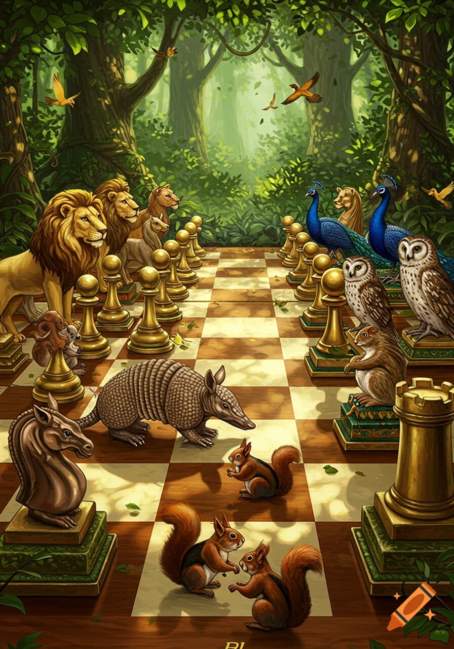 Fantasy illustration of a chess board set in a lush forest, featuring various animals like lions, peacocks, owls, and squirrels as the chess pieces.