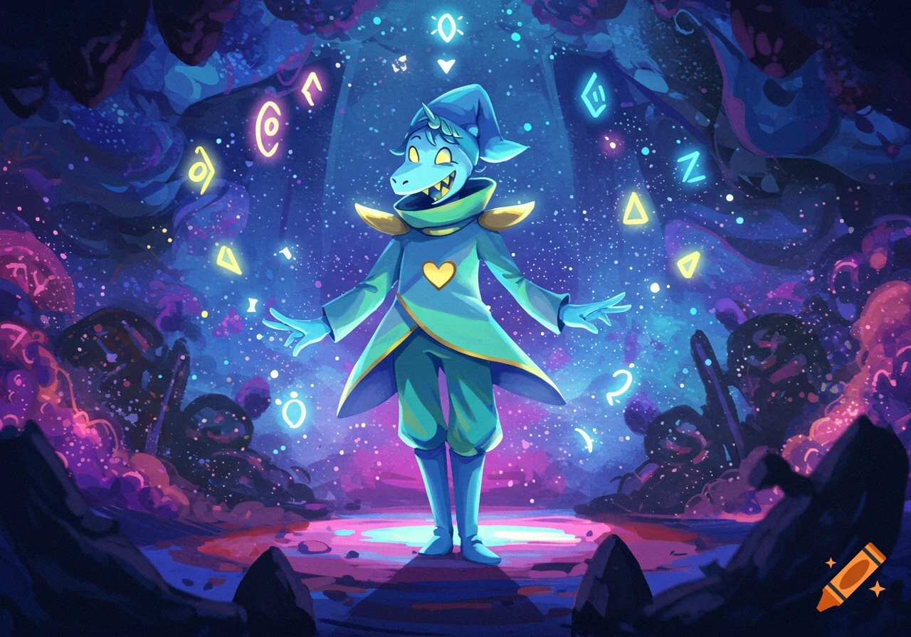 A stylized blue character with a unicorn horn and sharp teeth stands with outstretched arms amidst glowing runes and stars in a cosmic cave.