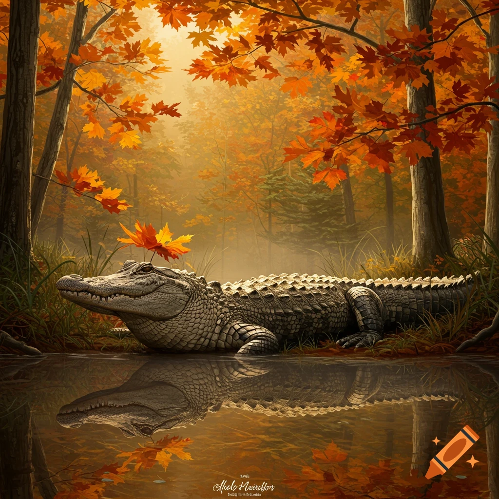 An alligator rests partly submerged in a reflective pond, surrounded by vibrant orange and red autumn trees in a misty forest.
