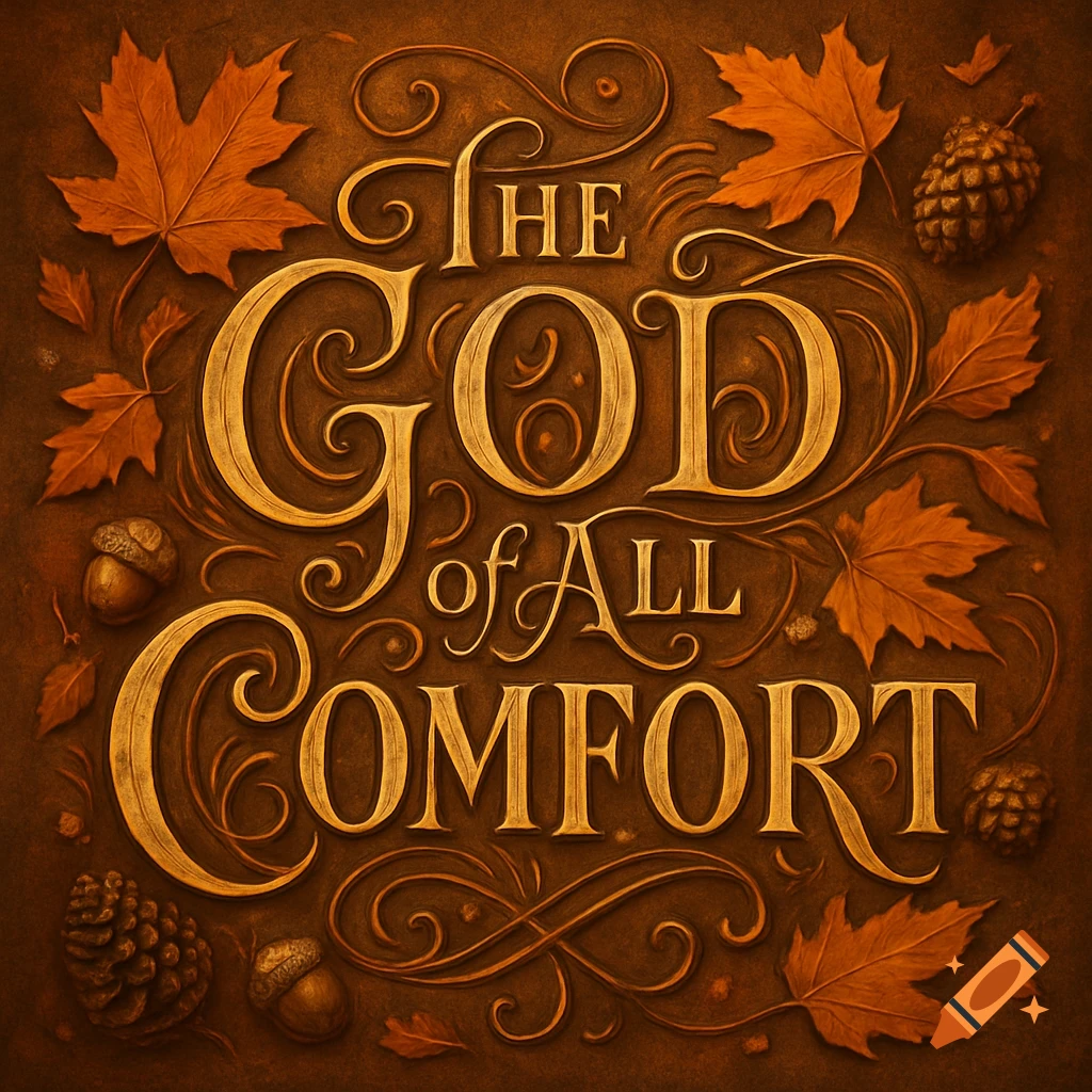 Decorative word art saying "The God of All Comfort" in ornate golden script, surrounded by autumn leaves, pinecones, and acorns on a rich brown background.