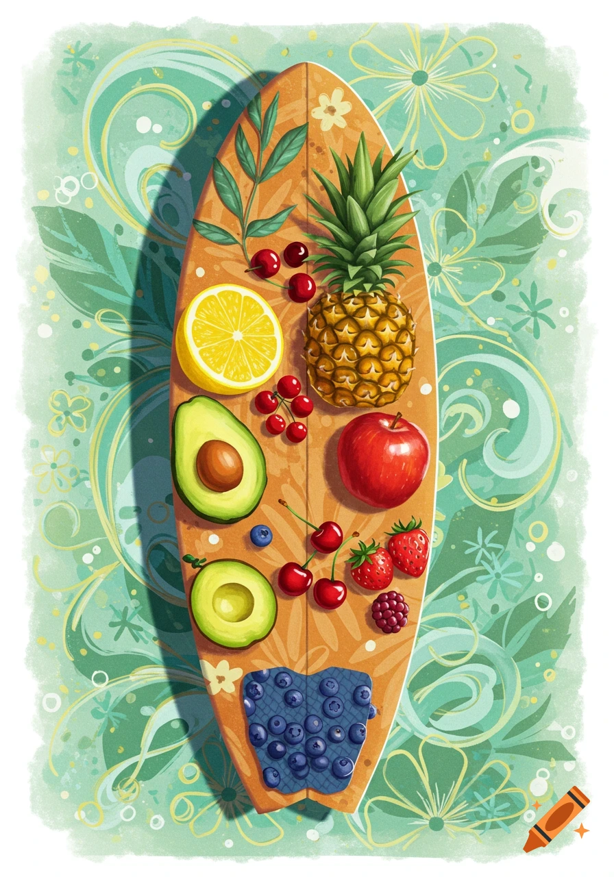Illustrative overhead view of a surfboard covered with a variety of fruits like pineapple, lemon, avocados, and berries, against a teal floral background.