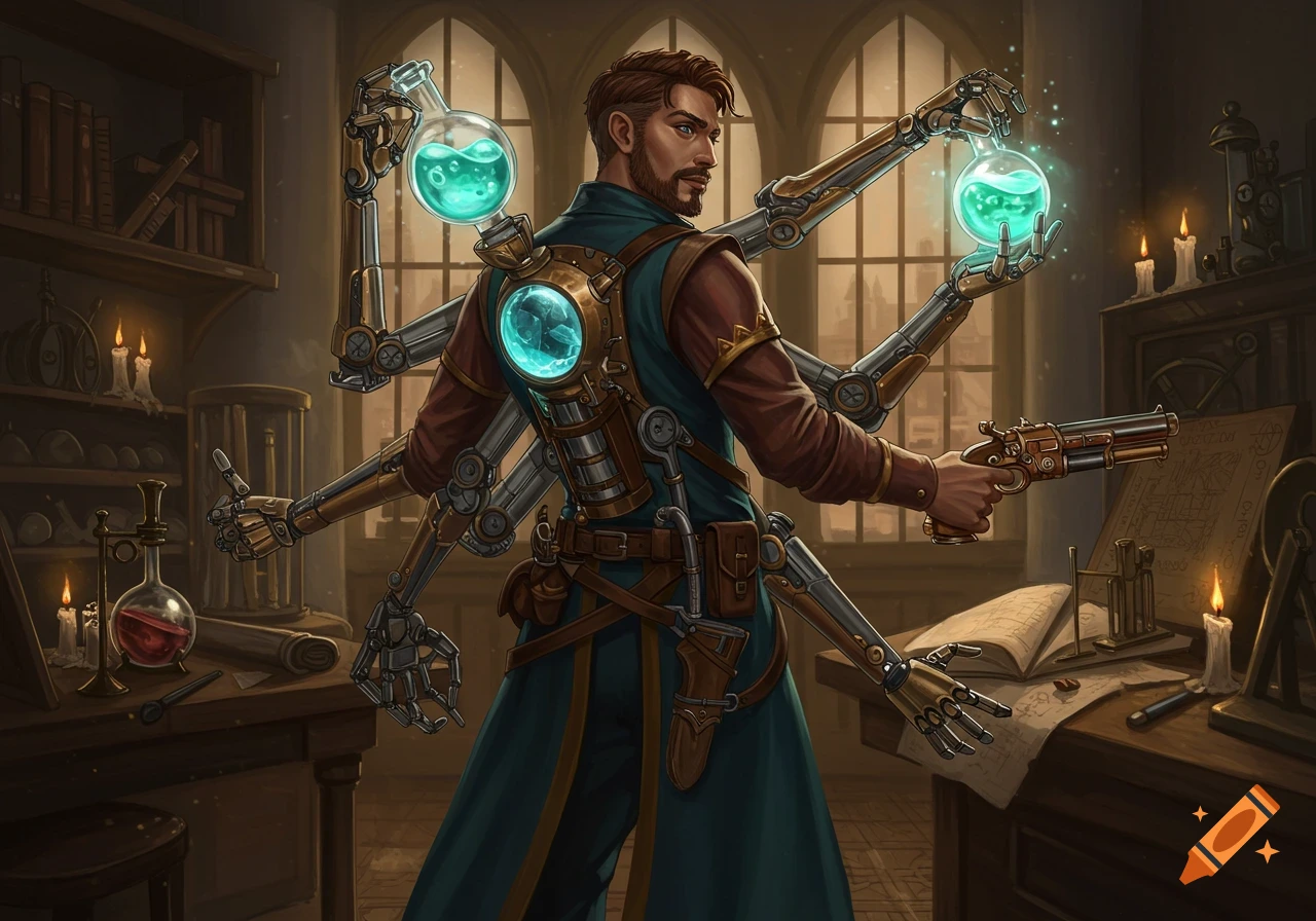 A steampunk artificer with multiple robotic arms holding a glowing potion and a pistol in a dimly lit laboratory.