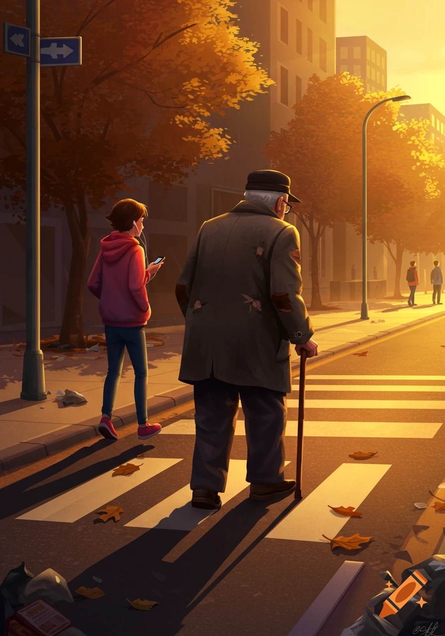 A stylized digital painting depicts an old man with a cane crossing a sunlit autumn street, with a teenager on a phone walking behind him.