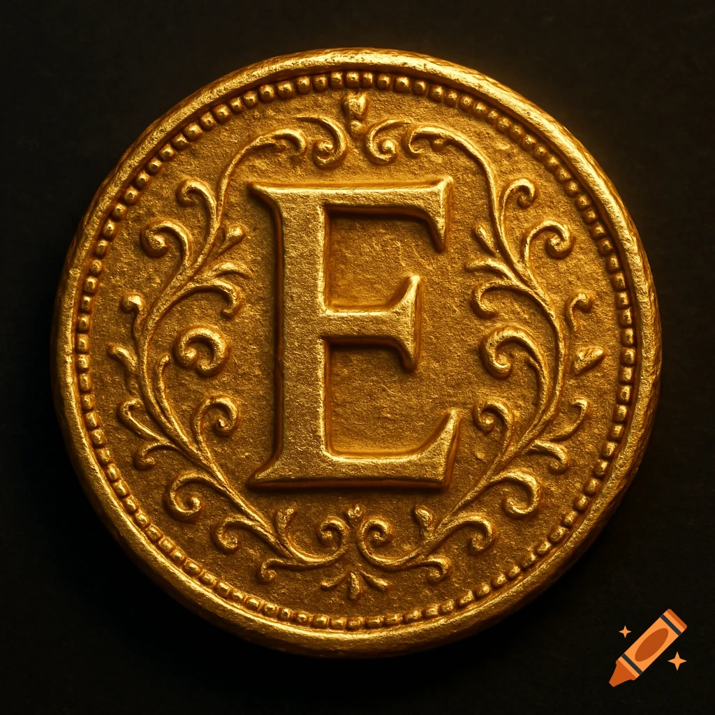 A detailed, ornate golden coin featuring a large embossed letter 'E' in its center, surrounded by intricate filigree on a dark background.
