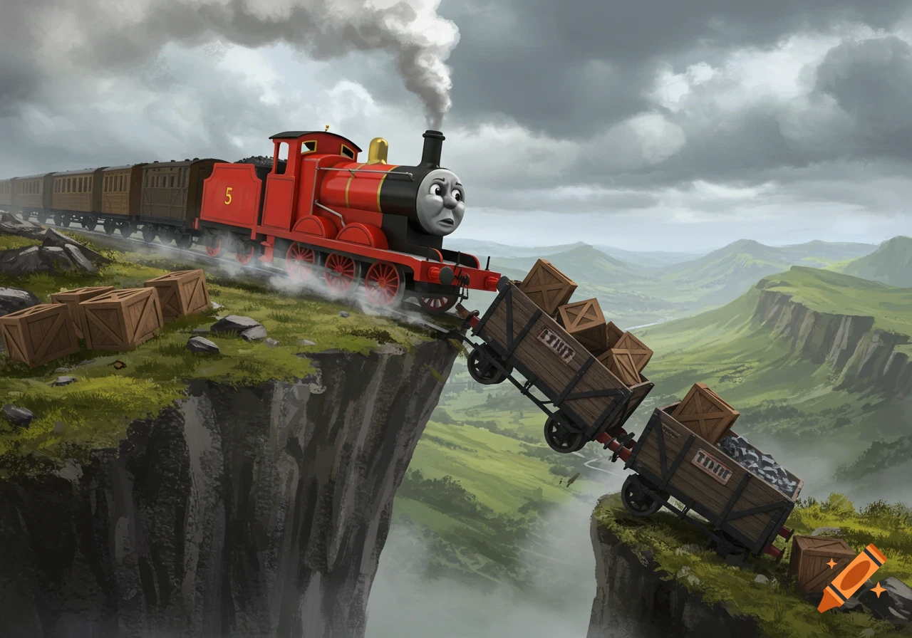 James the red engine, number 5, looks shocked as his cargo cars filled with crates fall off a cliff into a misty valley. The train is on a mountain track under a cloudy sky.