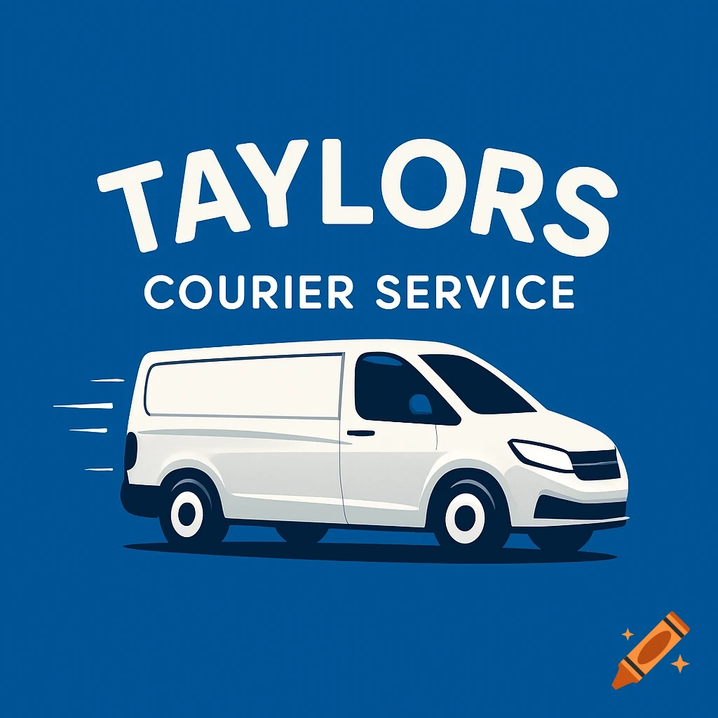 A blue logo for Taylors Courier Service featuring a white delivery van with motion lines in a flat design style.
