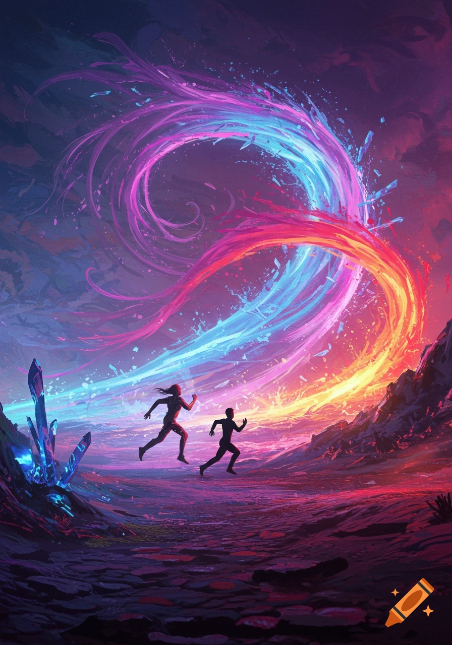 Two silhouetted figures run through a vibrant, fantastical landscape, with swirling pink, blue, and orange energy streams behind them. A large glowing crystal is on the left.