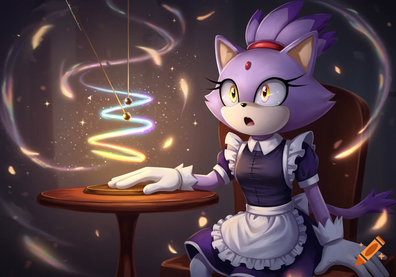 Blaze the Cat in a maid outfit sits at a table, looking mesmerized by a glowing, spiraling pendulum.