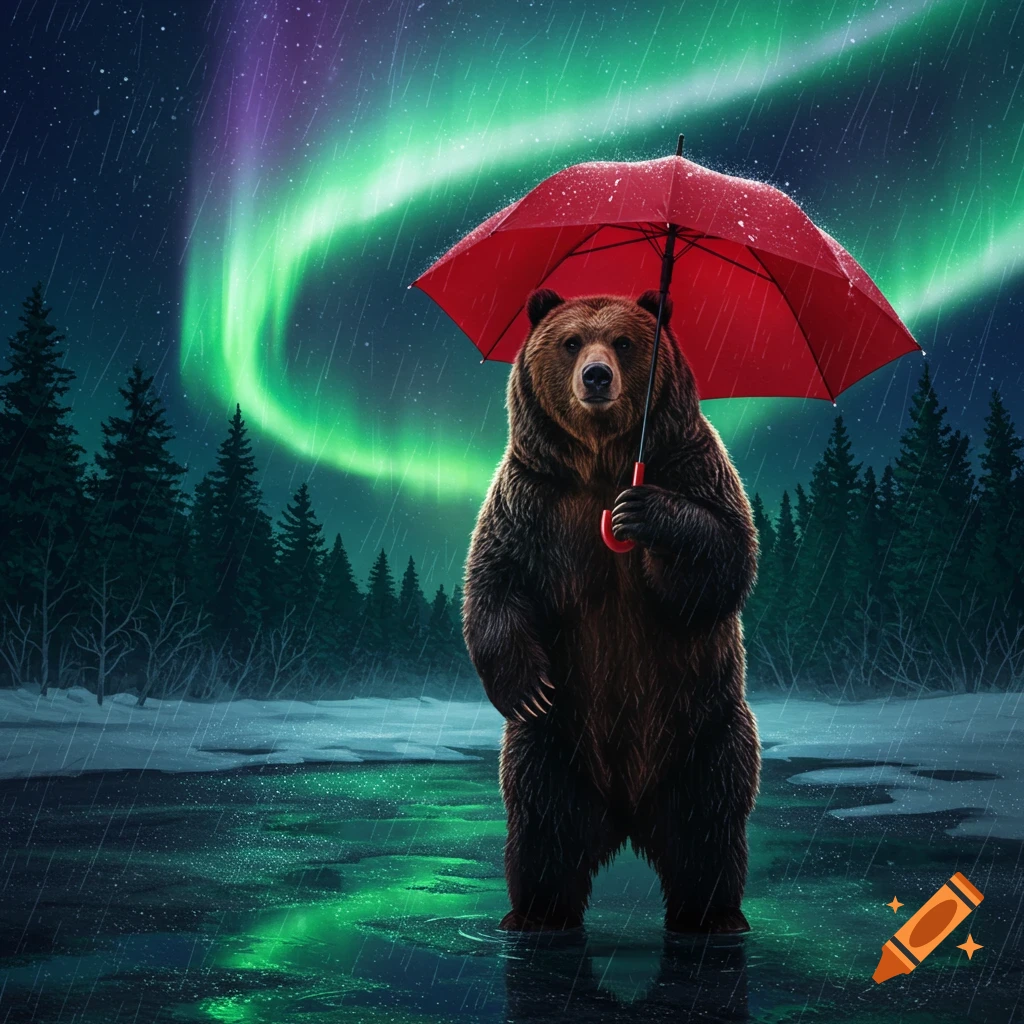 A brown bear holds a red umbrella while standing in icy water under green and purple northern lights in a snowy forest with rain.