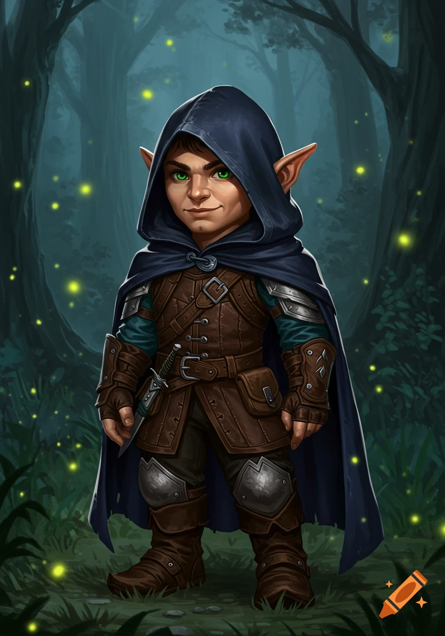 A small, hooded gnome rogue with pointed ears and bright green eyes stands in a dark, magical forest with glowing fireflies.