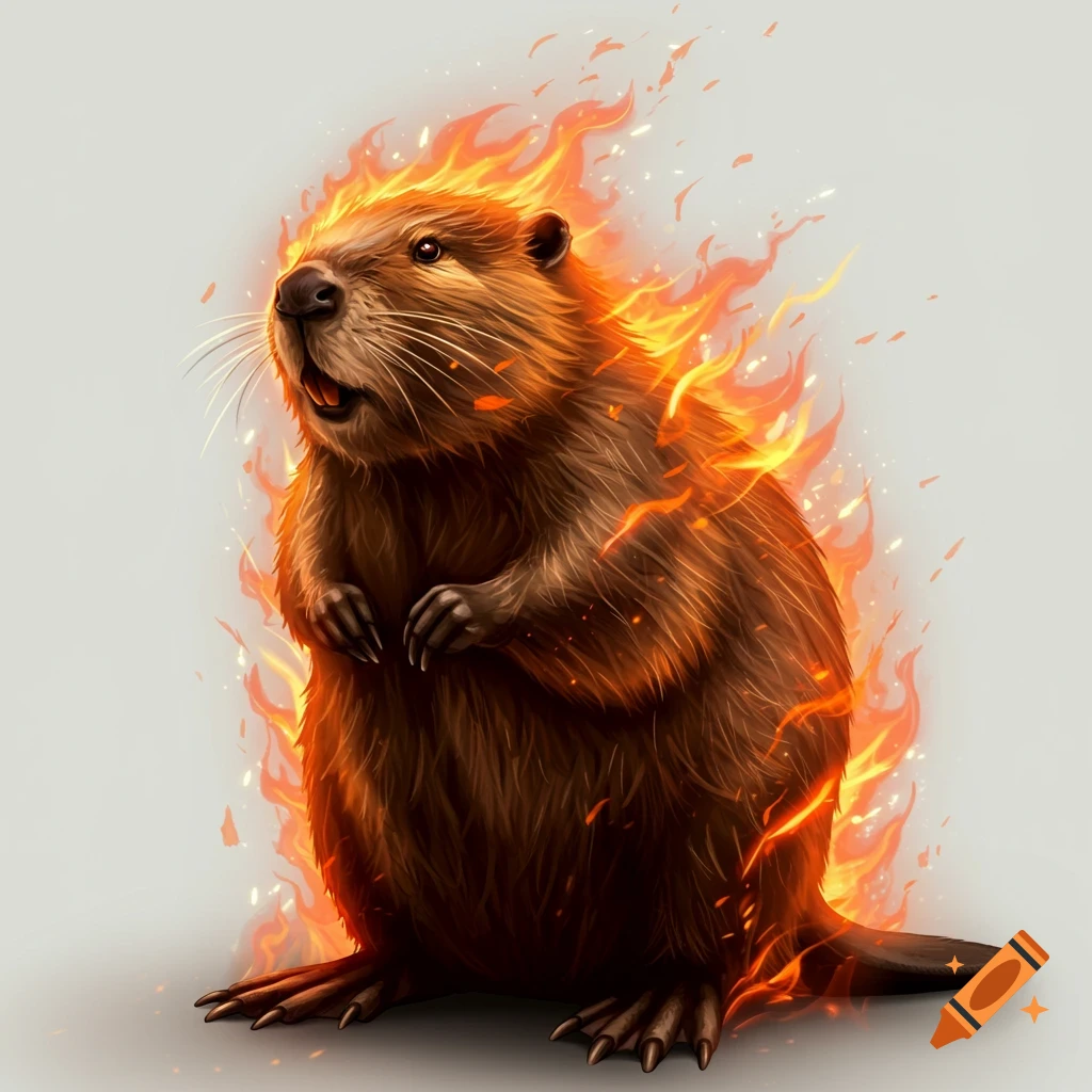 A detailed illustration of a brown beaver standing upright, engulfed in vibrant orange and yellow flames against a plain white background.