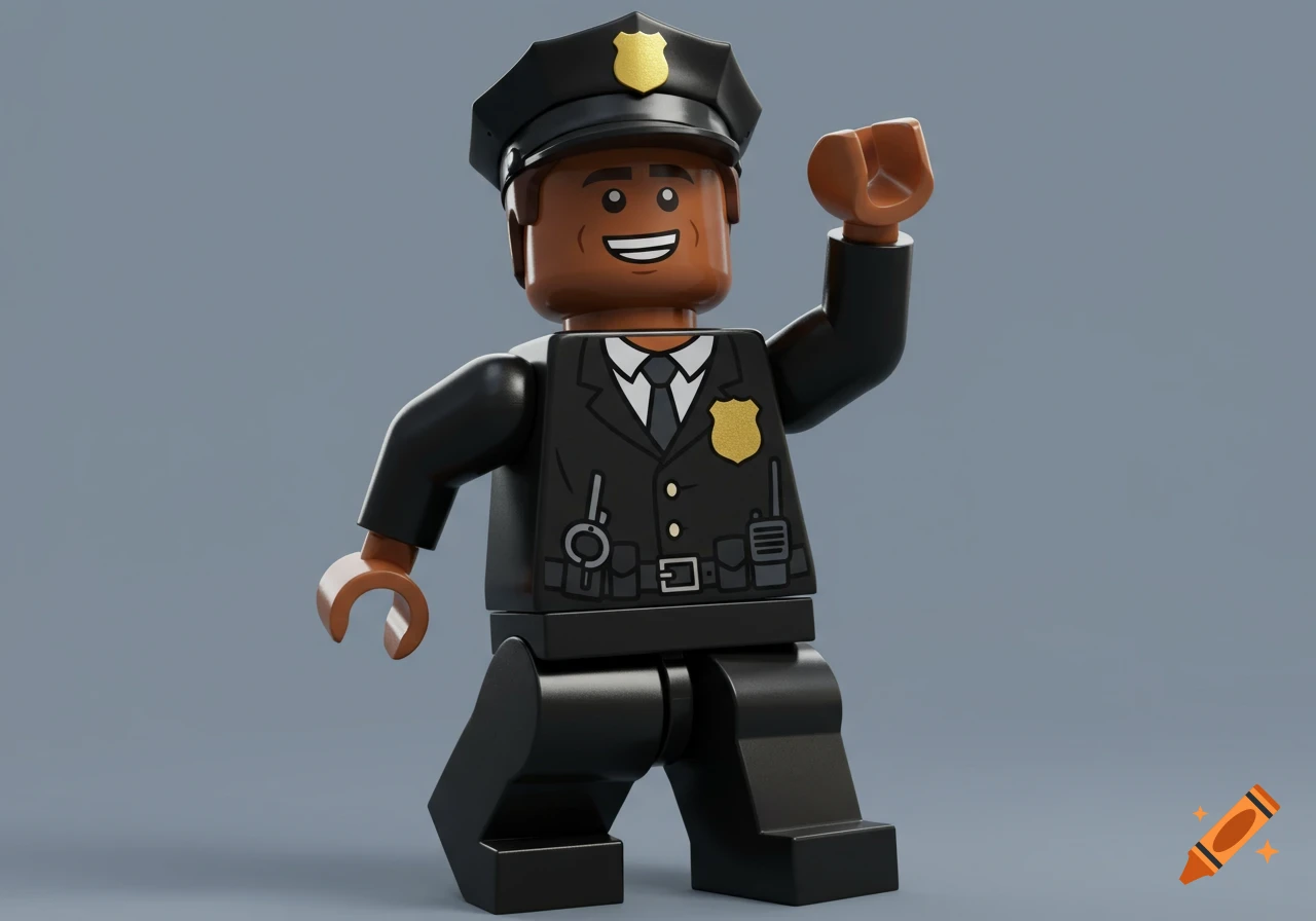 A LEGO-style police officer character with dark skin and a confident smile, posed like a superhero with one arm raised.
