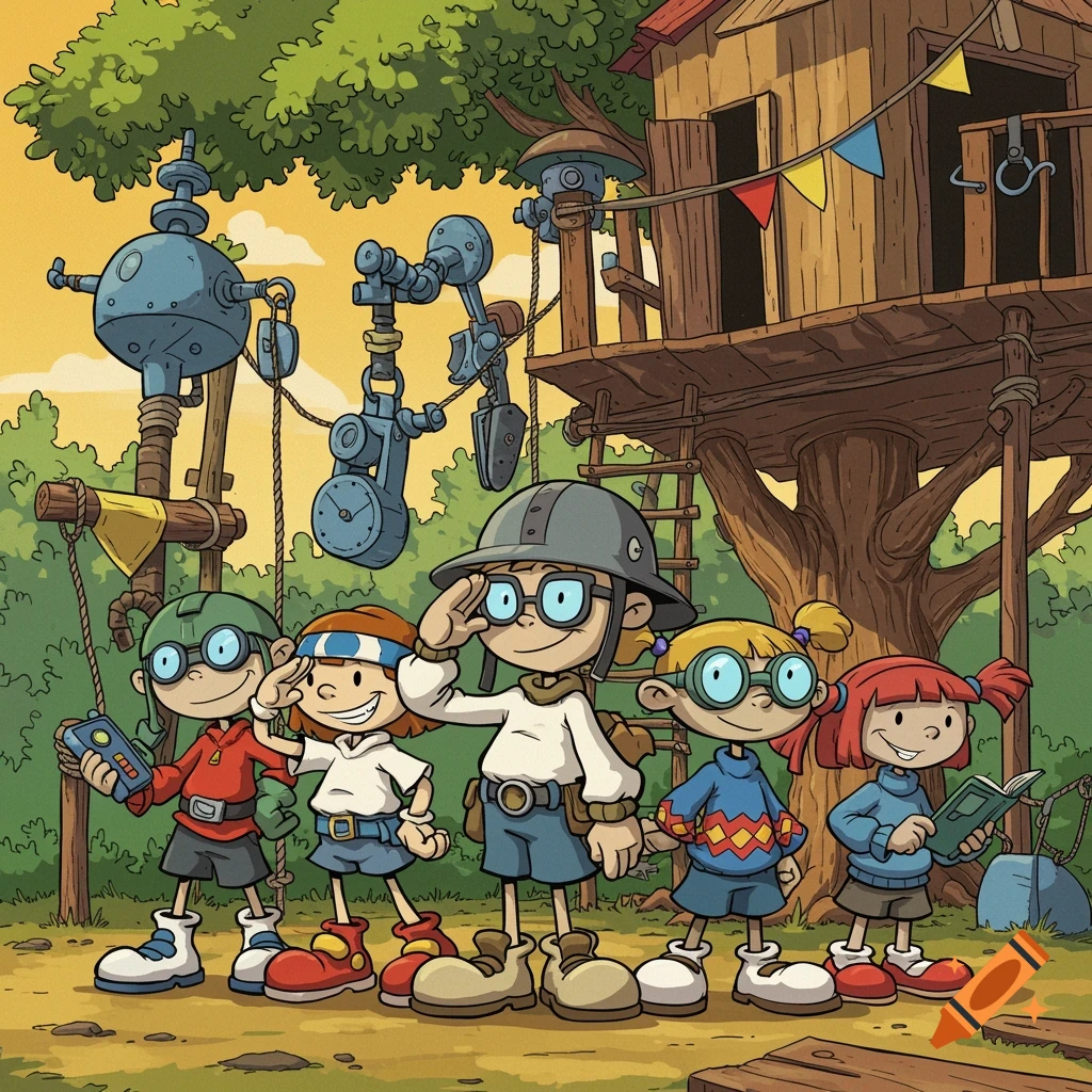 Five cartoon children, dressed in adventurous outfits, stand in front of a treehouse with various gadgets.