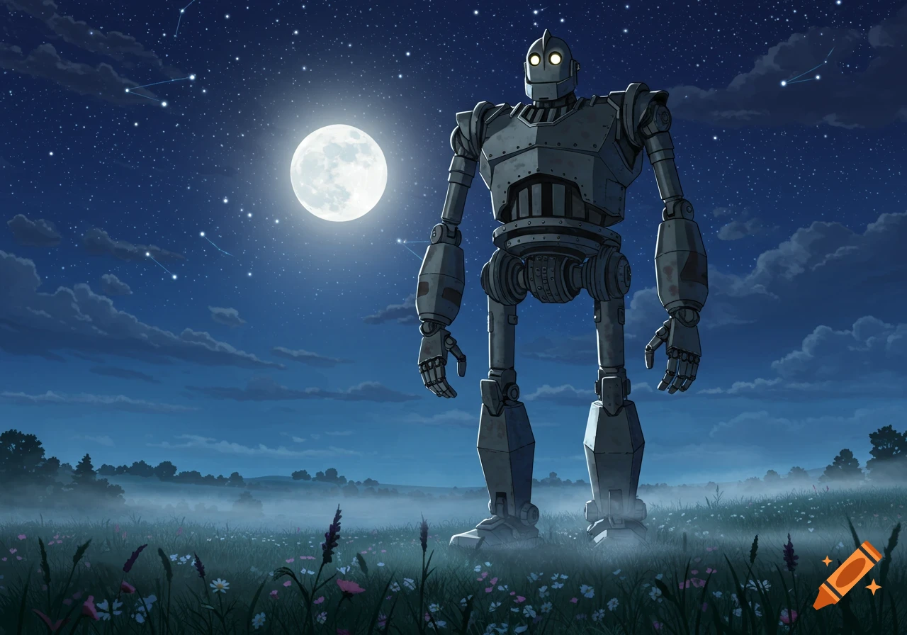 The Iron Giant stands in a misty field under a full moon and starry night, surrounded by wildflowers.