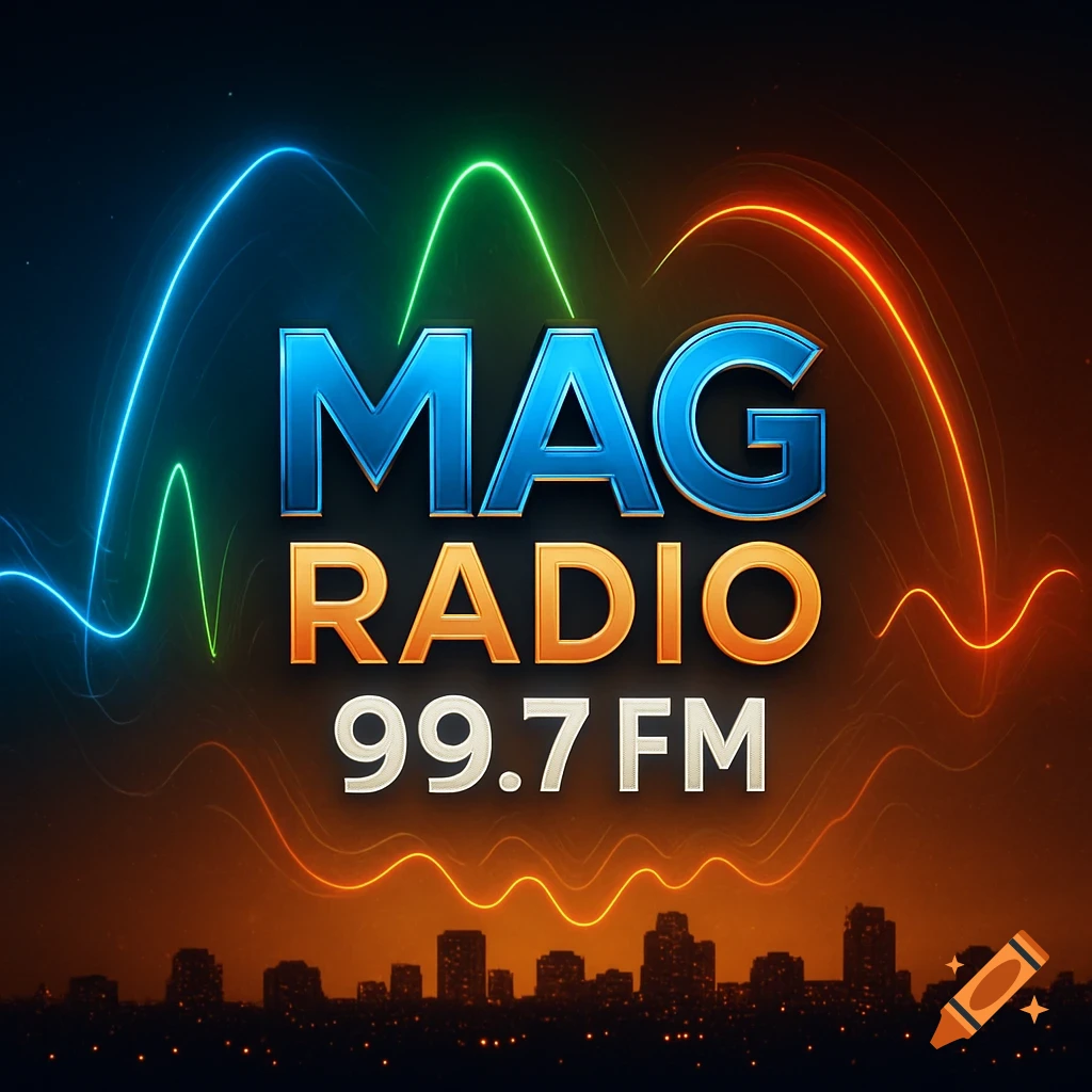 Logo for MAG RADIO 99.7 FM with blue and orange text, neon sound waves, and a dark city skyline.