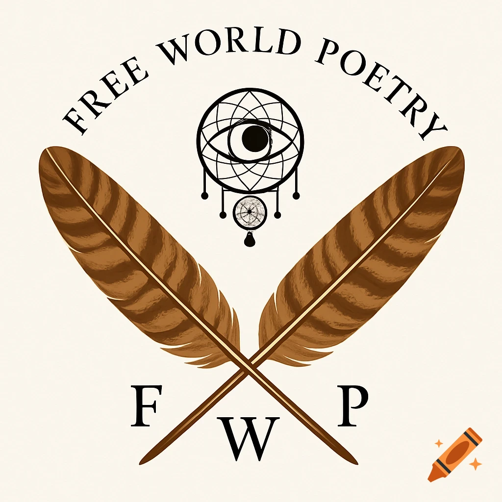 Vector logo with two crossed brown feathers, an evil eye dreamcatcher, and text 'FREE WORLD POETRY' and 'F W P'.