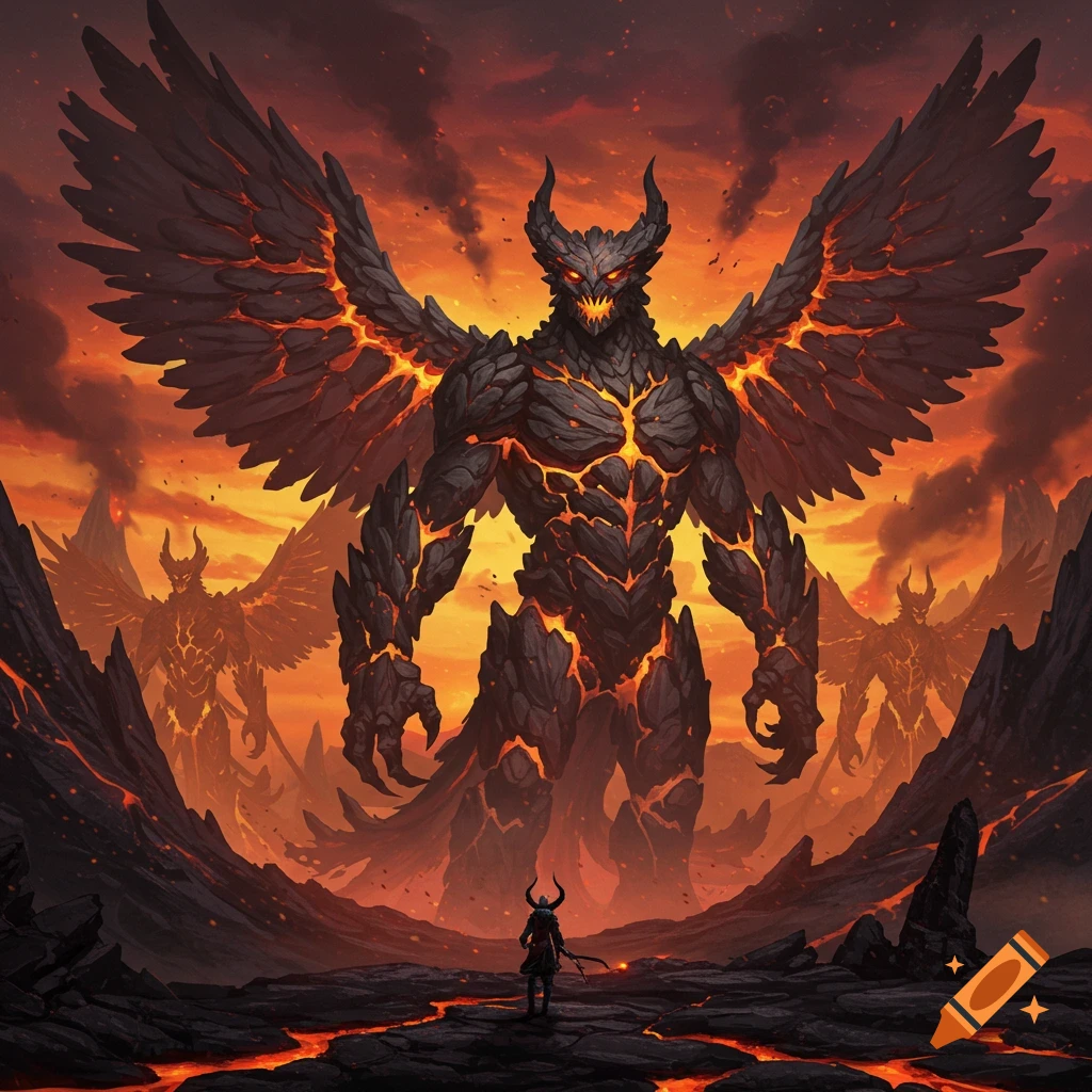 A small figure faces towering winged demons made of glowing lava and dark rock in a fiery, hellish landscape.