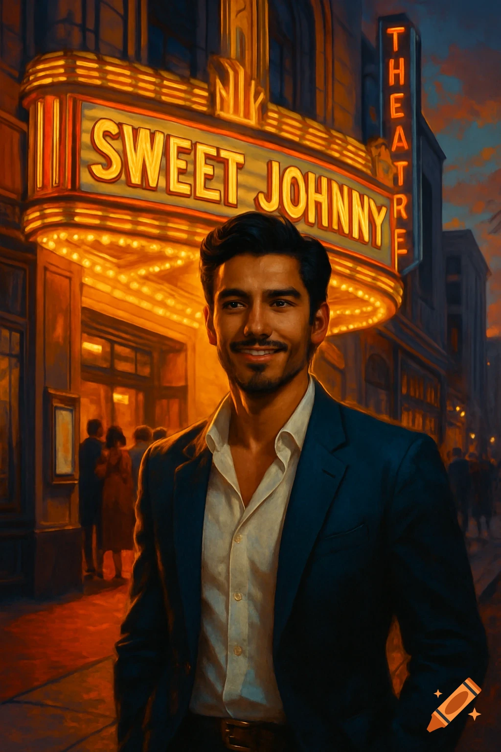A handsome man smiling in front of a glowing theater marquee that reads "SWEET JOHNNY" and "THEATRE" at dusk.