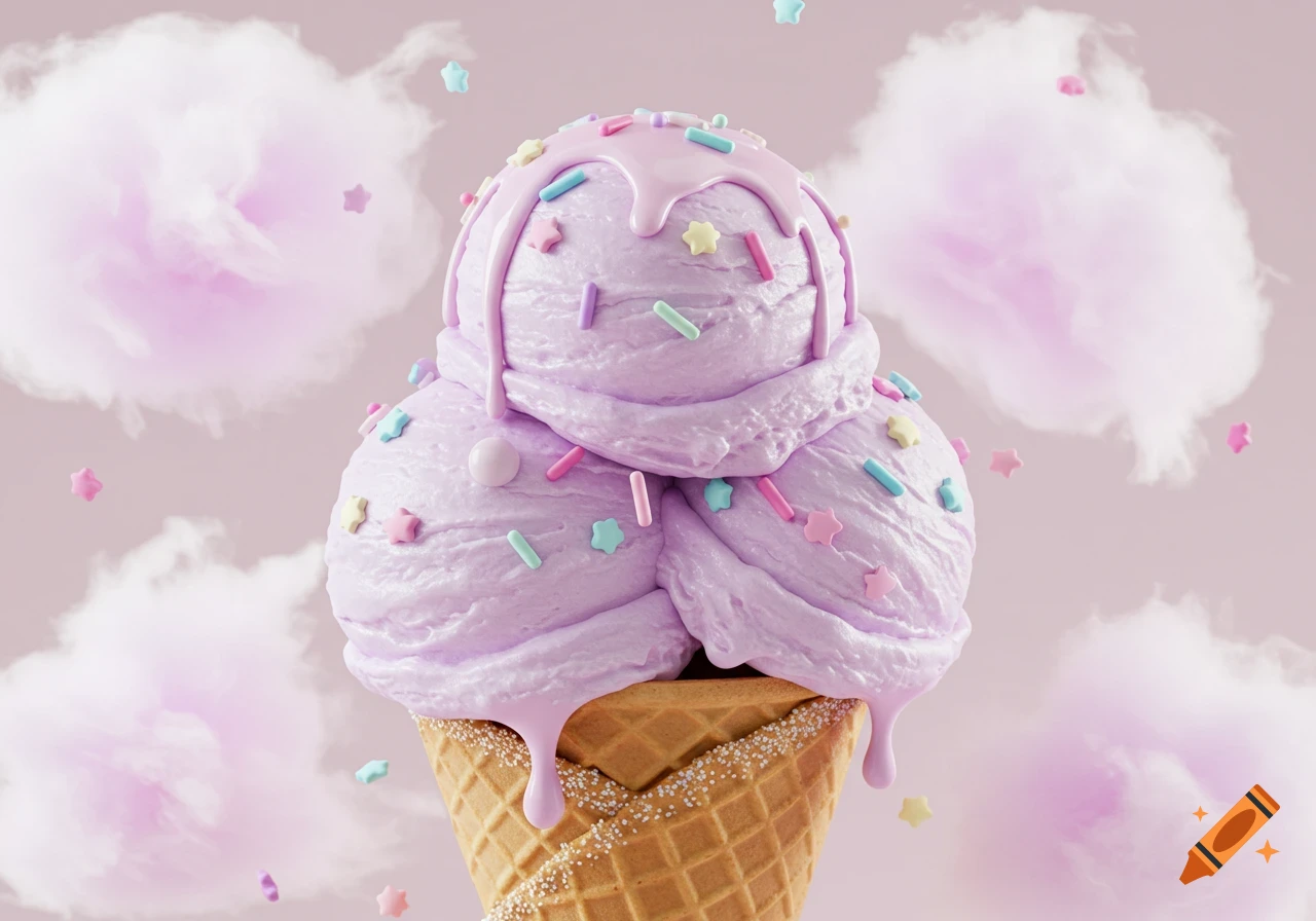 Three scoops of pastel purple ice cream with pink syrup and colorful sprinkles in a waffle cone, against a pink background with cotton candy clouds.