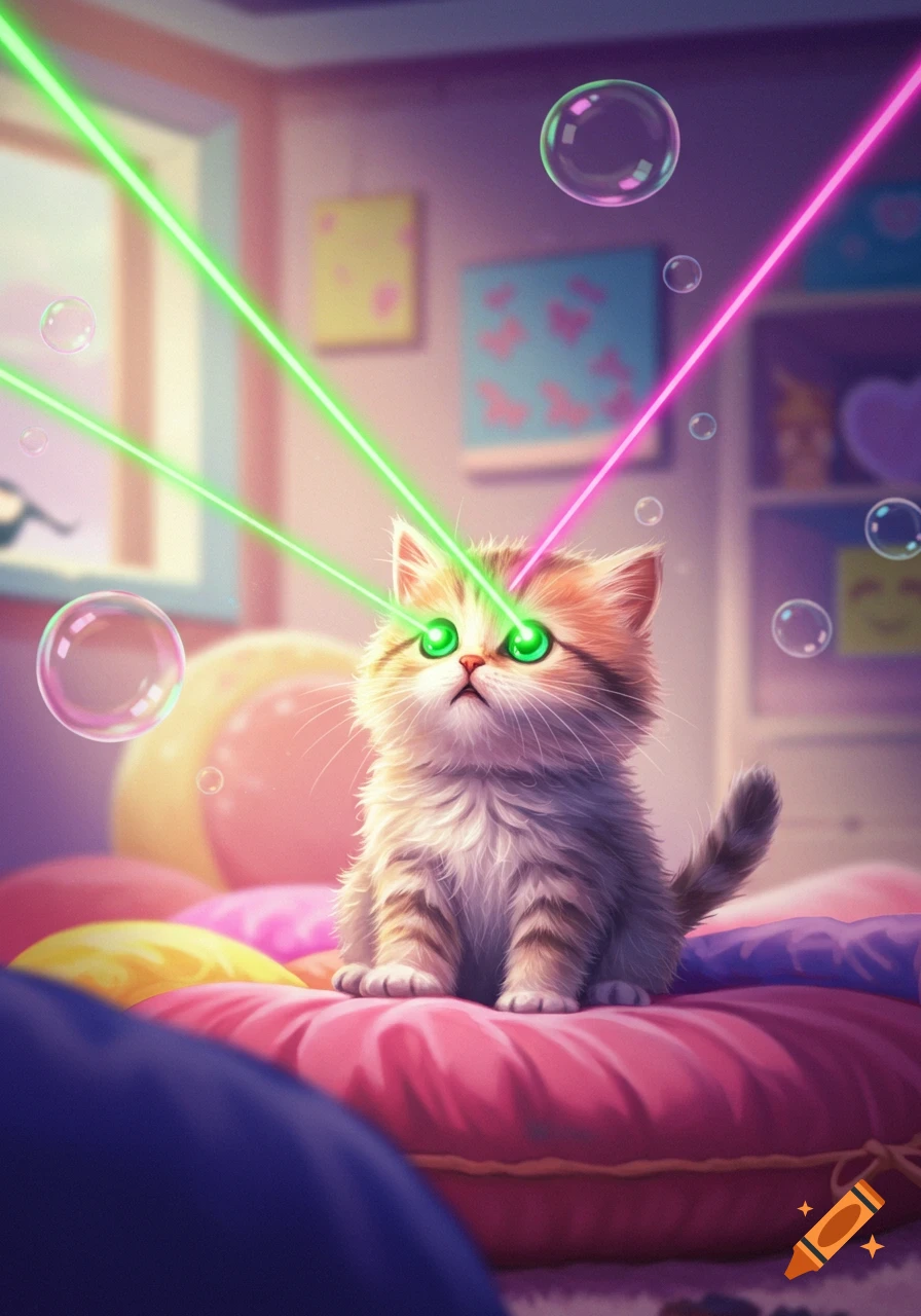 A cute, fluffy kitten with green laser eyes sits on pink and yellow pillows, surrounded by bubbles in a stylized room.